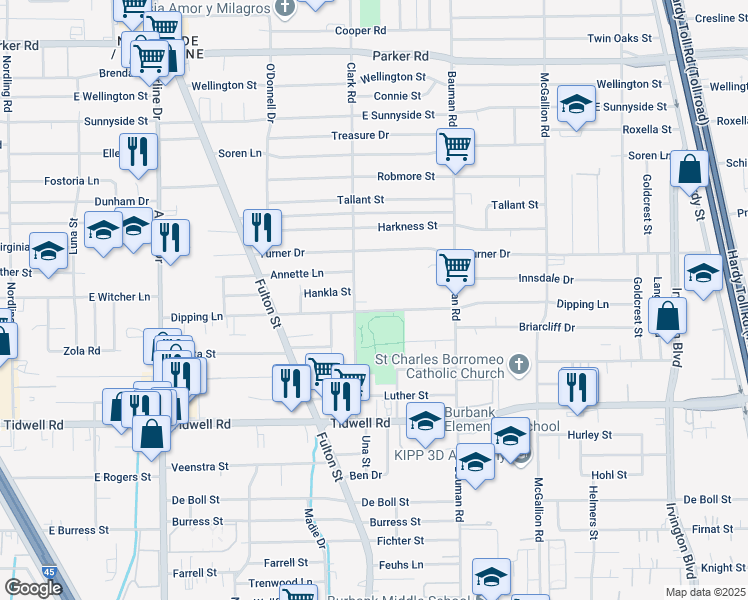 map of restaurants, bars, coffee shops, grocery stores, and more near 9902 Clark Road in Houston