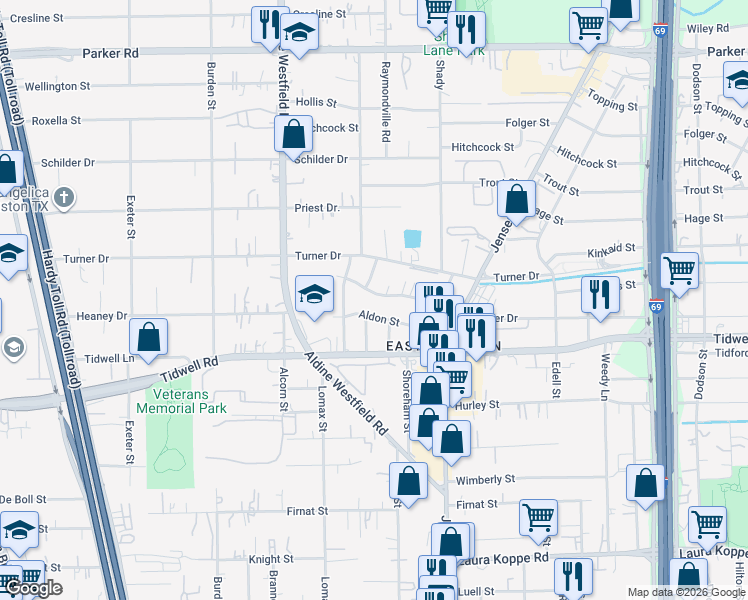 map of restaurants, bars, coffee shops, grocery stores, and more near 2462 Tim Street in Houston
