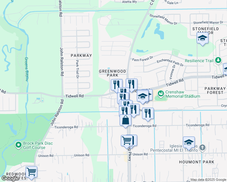map of restaurants, bars, coffee shops, grocery stores, and more near 12356 Tidwell Road in Houston