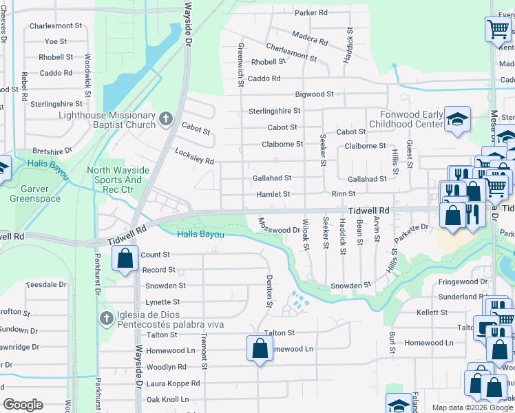 map of restaurants, bars, coffee shops, grocery stores, and more near 8113 Tidwell Road in Houston