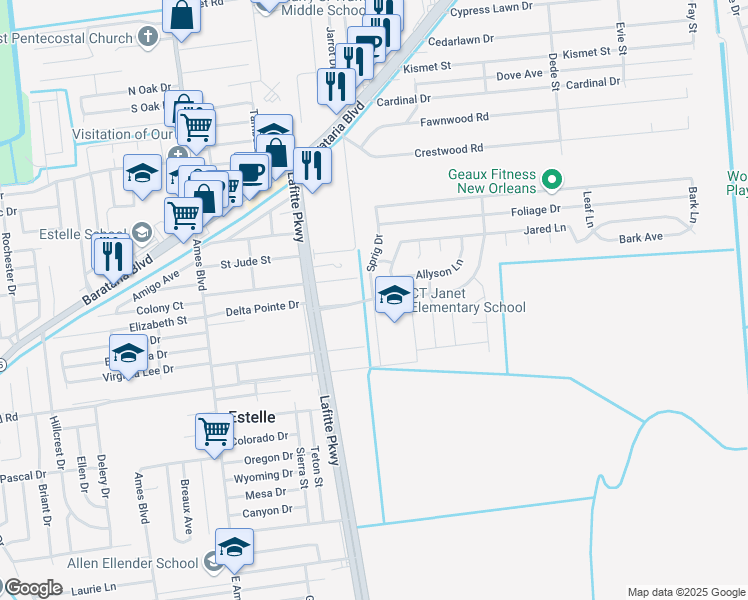 map of restaurants, bars, coffee shops, grocery stores, and more near 2500 Bent Tree Boulevard in Marrero