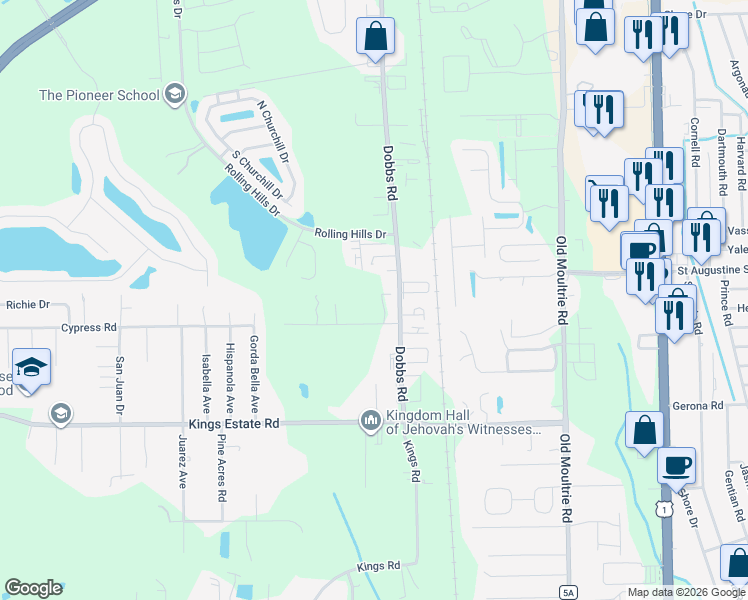 map of restaurants, bars, coffee shops, grocery stores, and more near 2555 Dobbs Road in St. Augustine
