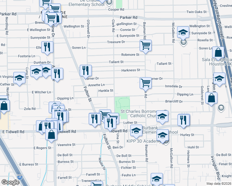 map of restaurants, bars, coffee shops, grocery stores, and more near 9902 Clark Road in Houston
