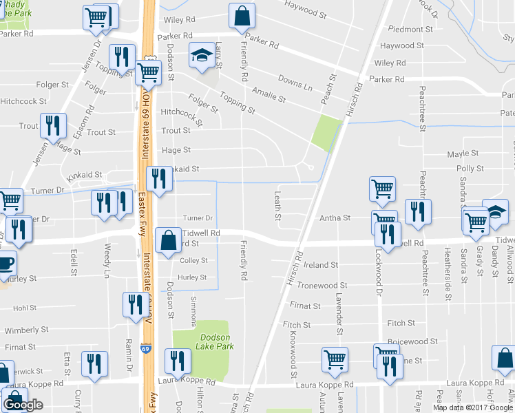 map of restaurants, bars, coffee shops, grocery stores, and more near 9344 Friendly Road in Houston