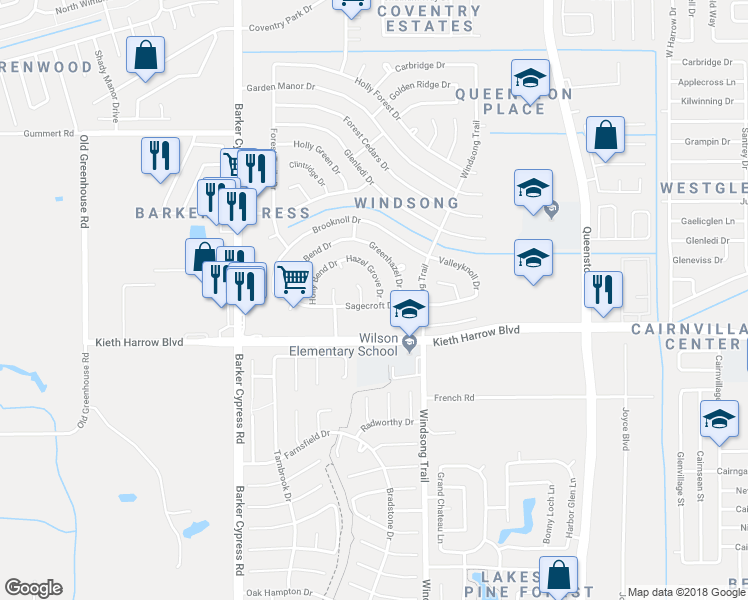 map of restaurants, bars, coffee shops, grocery stores, and more near 5303 Hazel Grove Drive in Houston