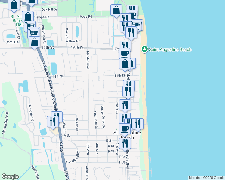 map of restaurants, bars, coffee shops, grocery stores, and more near 212 8th Street in St. Augustine Beach