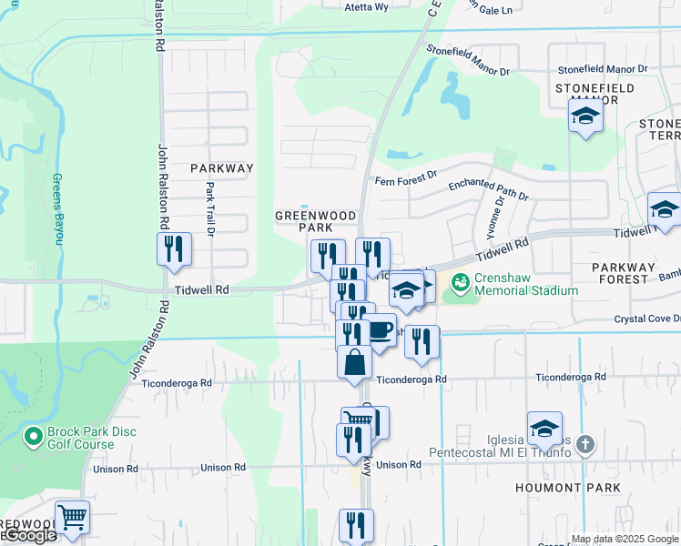 map of restaurants, bars, coffee shops, grocery stores, and more near 12356 Tidwell Road in Houston
