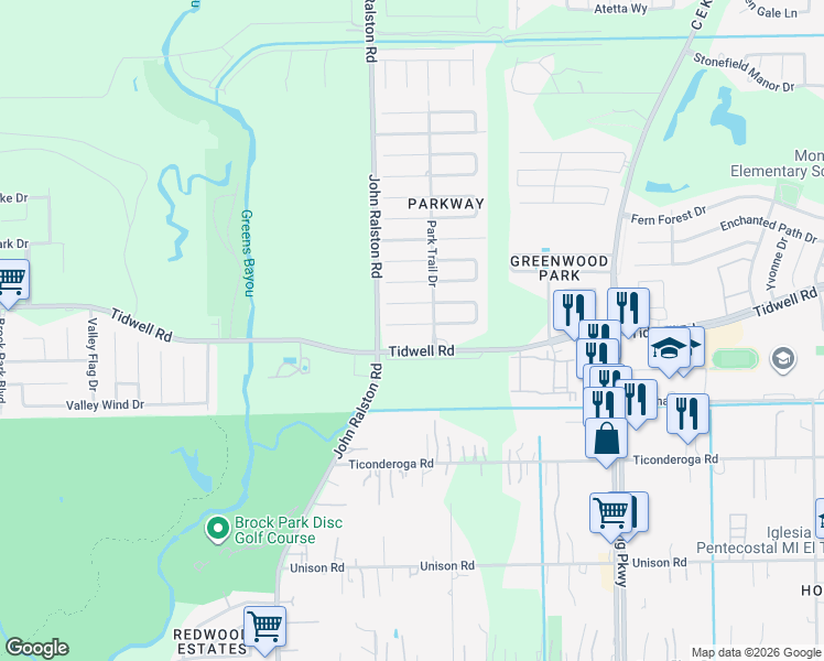 map of restaurants, bars, coffee shops, grocery stores, and more near 11975 Tidwell Road in Houston