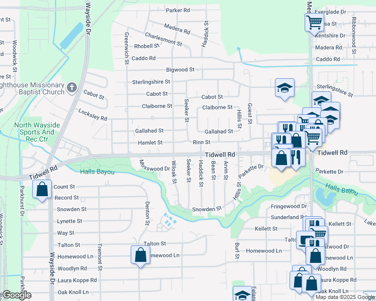 map of restaurants, bars, coffee shops, grocery stores, and more near 8323 Tidwell Road in Houston
