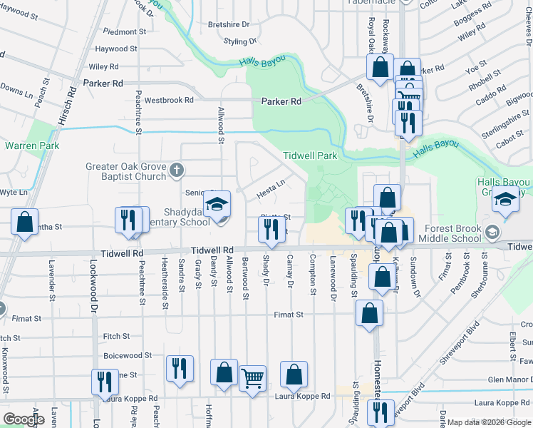 map of restaurants, bars, coffee shops, grocery stores, and more near 6130 Rietta Street in Houston