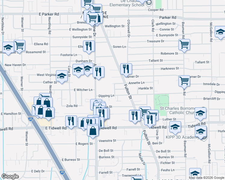 map of restaurants, bars, coffee shops, grocery stores, and more near 9909 Santone Lane in Houston