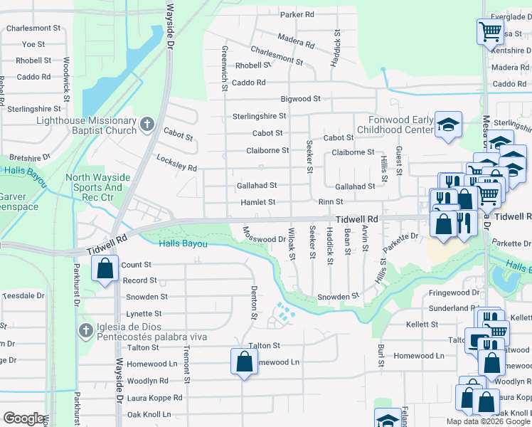 map of restaurants, bars, coffee shops, grocery stores, and more near 8201 Tidwell Road in Houston