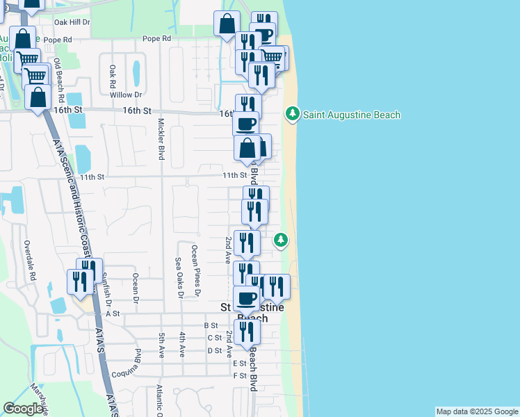 map of restaurants, bars, coffee shops, grocery stores, and more near 14 8th Street in St. Augustine