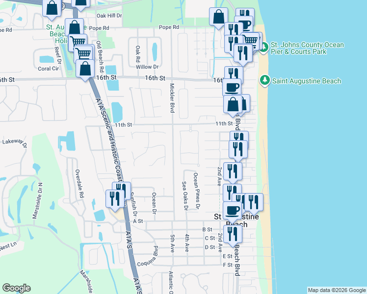 map of restaurants, bars, coffee shops, grocery stores, and more near 183 Ridgeway Road in St. Augustine