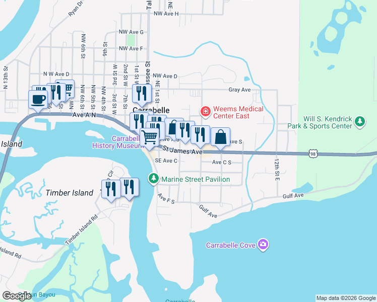 map of restaurants, bars, coffee shops, grocery stores, and more near St James Ave in Carrabelle