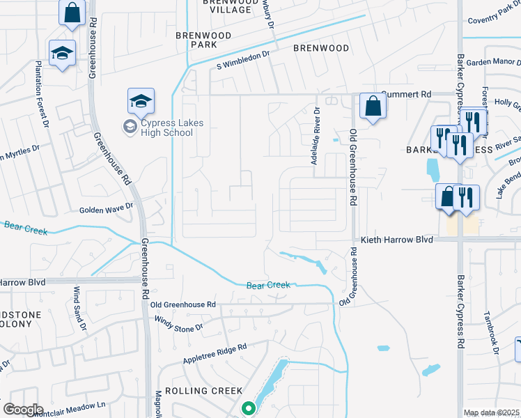 map of restaurants, bars, coffee shops, grocery stores, and more near 5406 Aranas Lane in Katy