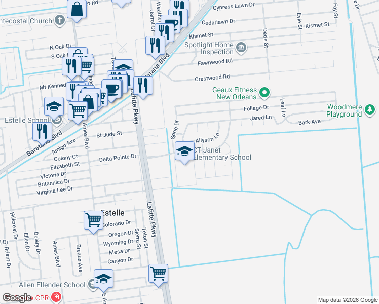 map of restaurants, bars, coffee shops, grocery stores, and more near 2513 Bent Tree Boulevard in Marrero
