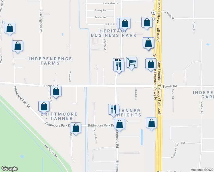map of restaurants, bars, coffee shops, grocery stores, and more near 10999 Tanner Road in Houston