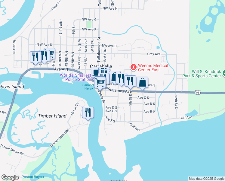 map of restaurants, bars, coffee shops, grocery stores, and more near 30 Avenue B South in Carrabelle