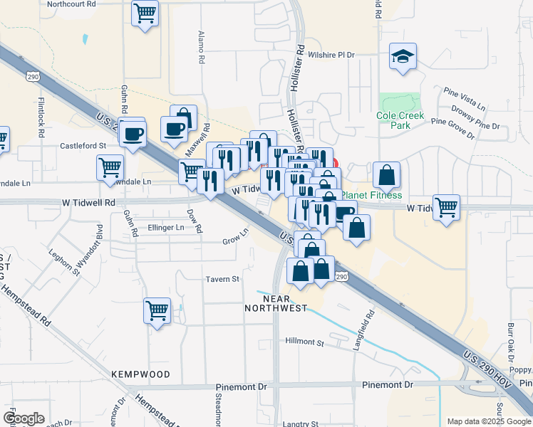 map of restaurants, bars, coffee shops, grocery stores, and more near 13350 Northwest Freeway in Houston