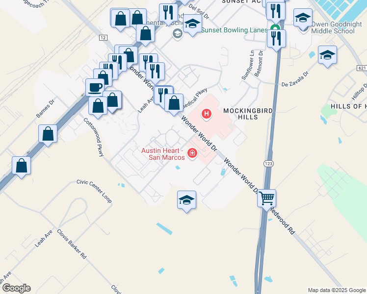 map of restaurants, bars, coffee shops, grocery stores, and more near 1271 Sadler Drive in San Marcos