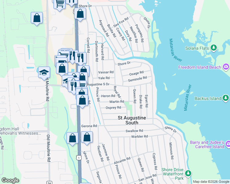 map of restaurants, bars, coffee shops, grocery stores, and more near 127 Heron Road in St. Augustine