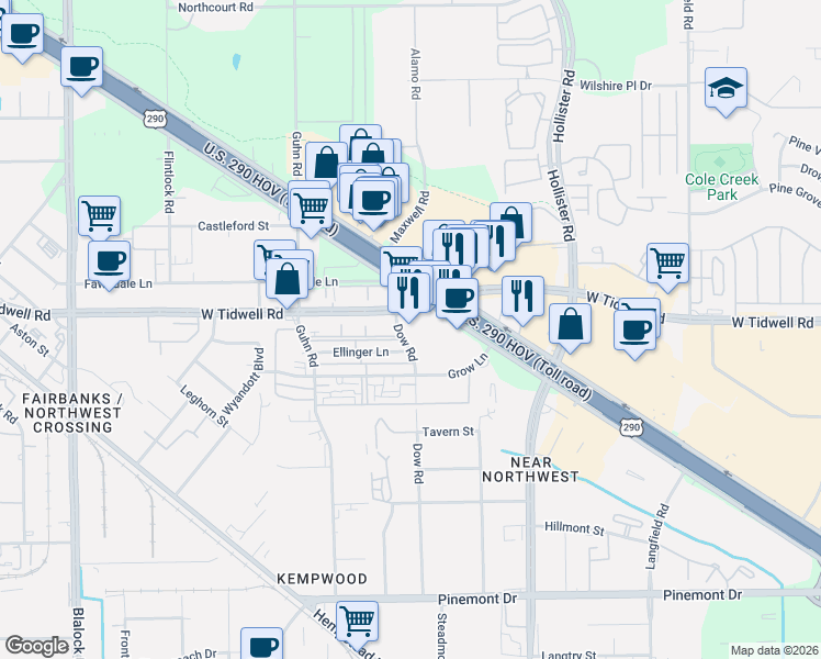 map of restaurants, bars, coffee shops, grocery stores, and more near 7895 West Tidwell Road in Houston