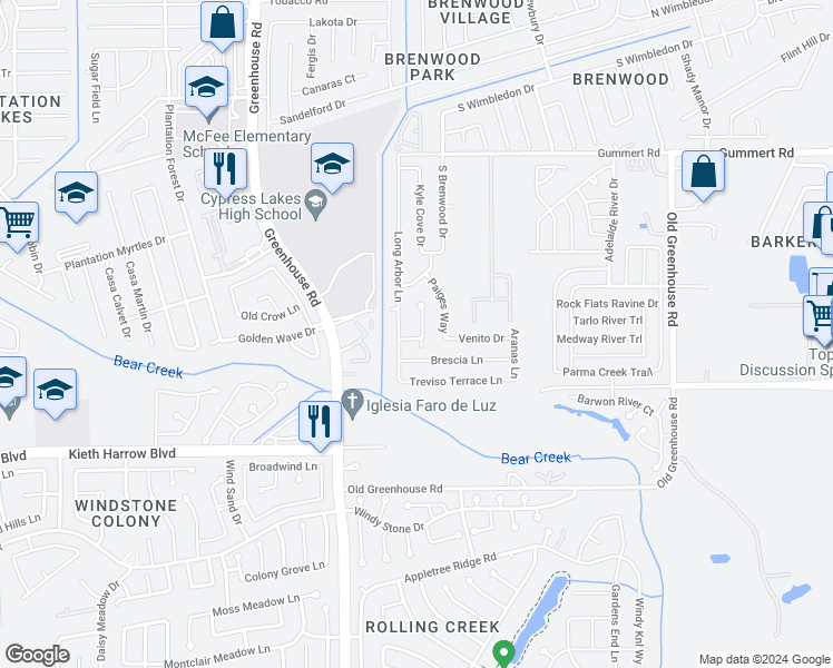 map of restaurants, bars, coffee shops, grocery stores, and more near 19018 Moynihan Drive in Katy