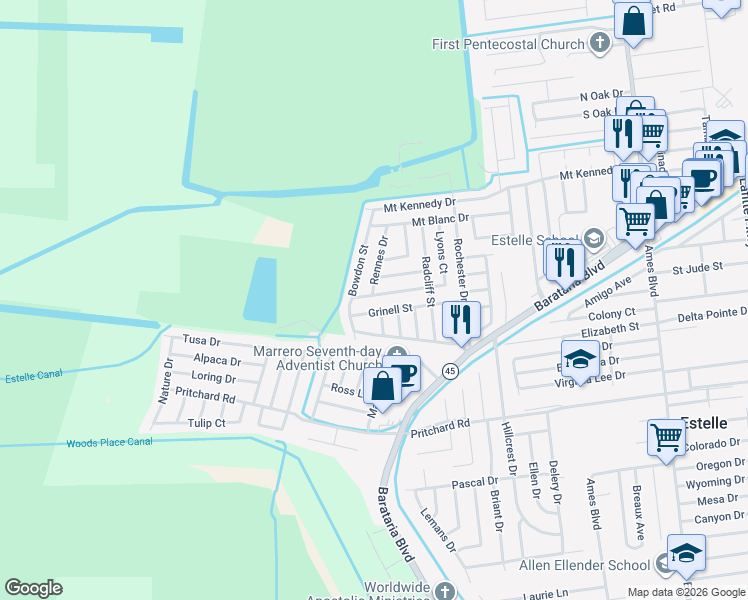 map of restaurants, bars, coffee shops, grocery stores, and more near 3084 Grinell Street in Marrero