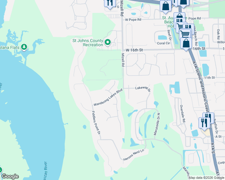 map of restaurants, bars, coffee shops, grocery stores, and more near 905 Spring Lake Court in St. Augustine