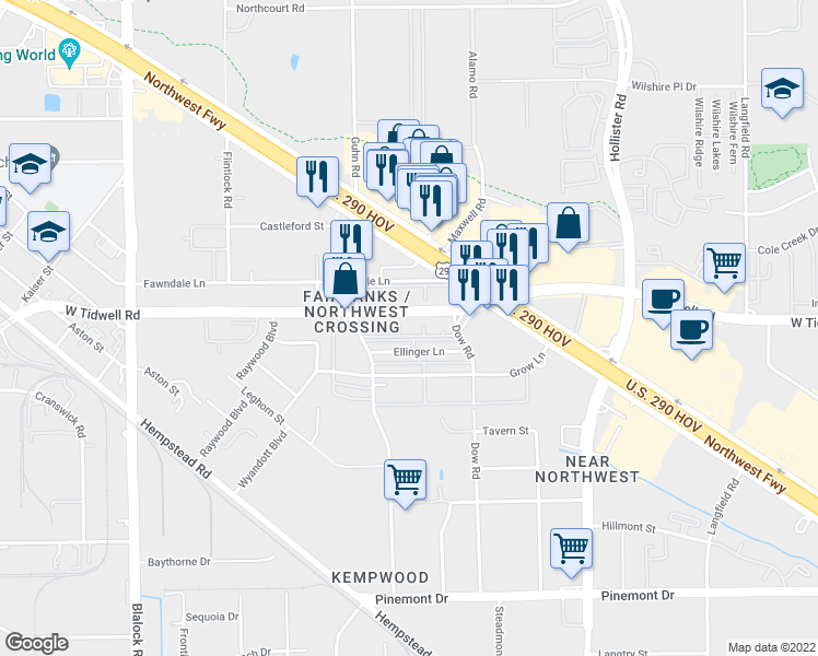 map of restaurants, bars, coffee shops, grocery stores, and more near 8001 West Tidwell Road in Houston