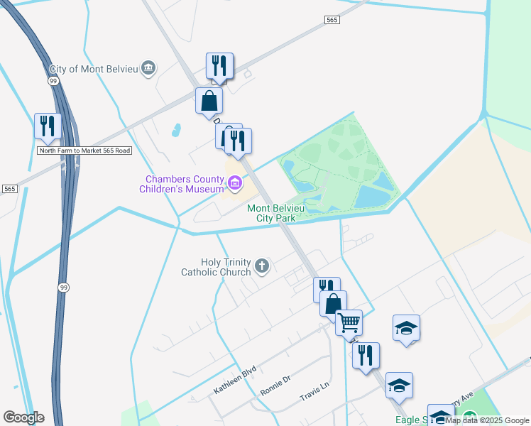 map of restaurants, bars, coffee shops, grocery stores, and more near 10857 Eagle Drive in Mont Belvieu