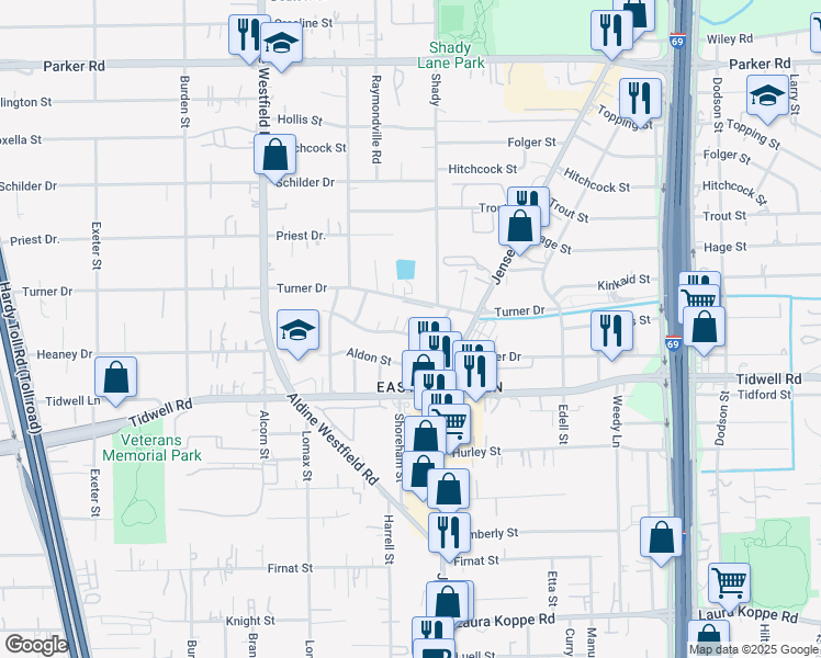 map of restaurants, bars, coffee shops, grocery stores, and more near 2601 Tim Street in Houston