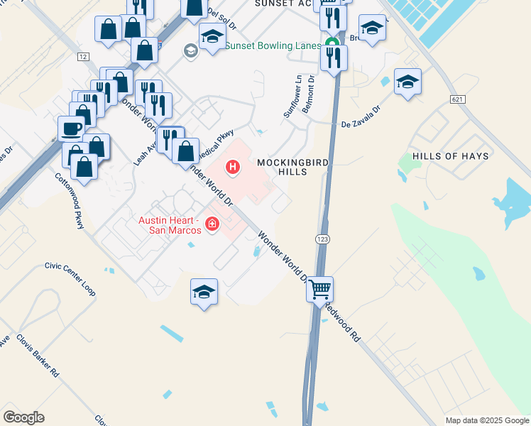 map of restaurants, bars, coffee shops, grocery stores, and more near 1401 Wonder World Drive in San Marcos