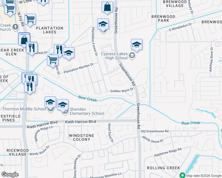 map of restaurants, bars, coffee shops, grocery stores, and more near 19227 Golden Wave Drive in Katy