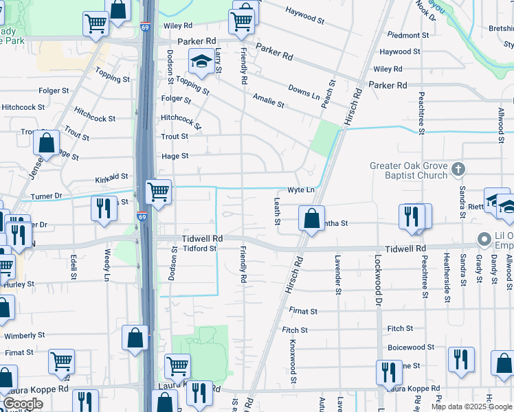 map of restaurants, bars, coffee shops, grocery stores, and more near 9344 Friendly Road in Houston