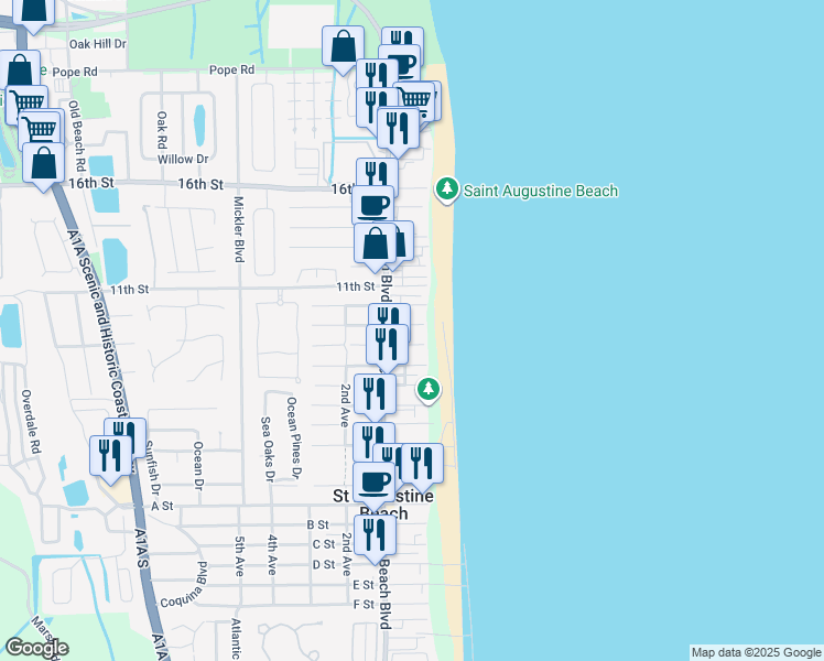 map of restaurants, bars, coffee shops, grocery stores, and more near 14 8th Street in St. Augustine