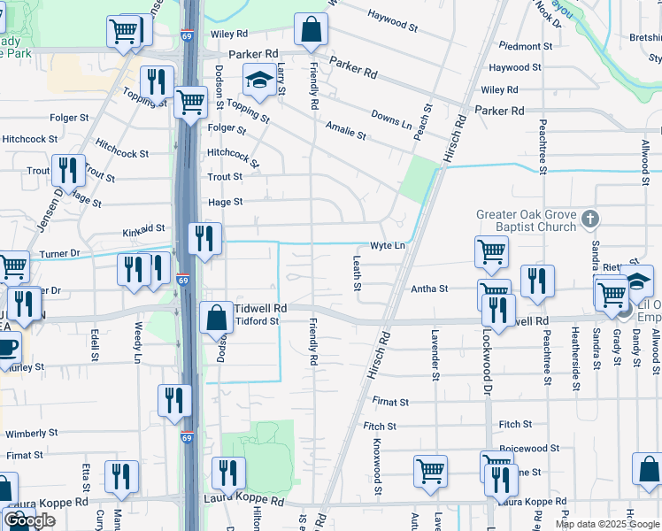 map of restaurants, bars, coffee shops, grocery stores, and more near 9344 Friendly Road in Houston