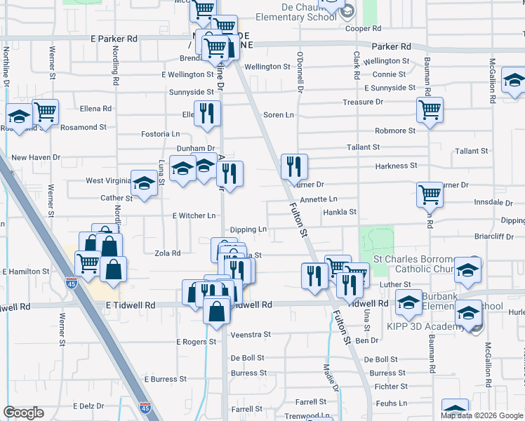 map of restaurants, bars, coffee shops, grocery stores, and more near 9909 Santone Lane in Houston