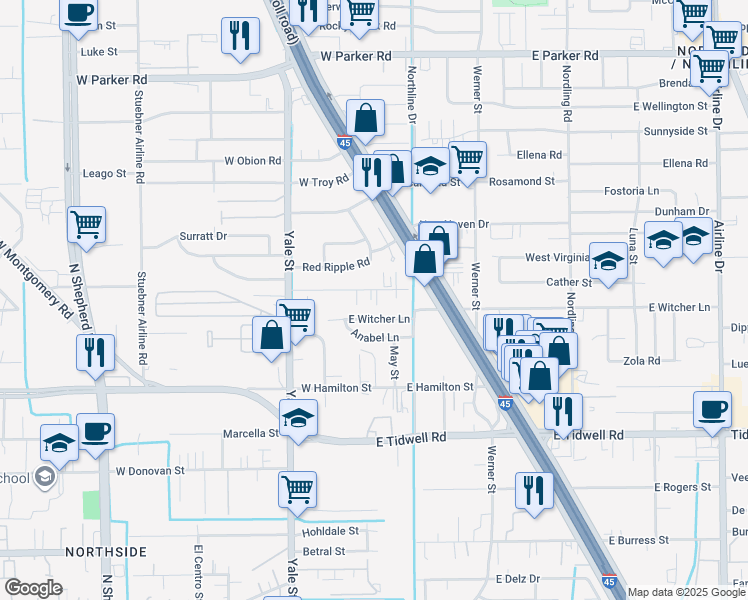 map of restaurants, bars, coffee shops, grocery stores, and more near 133 East Witcher Lane in Houston