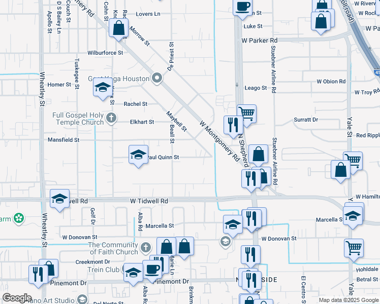 map of restaurants, bars, coffee shops, grocery stores, and more near 767 Paul Quinn Street in Houston