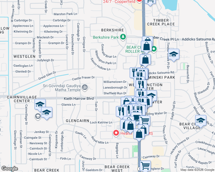 map of restaurants, bars, coffee shops, grocery stores, and more near 16539 Lanesborough Drive in Houston
