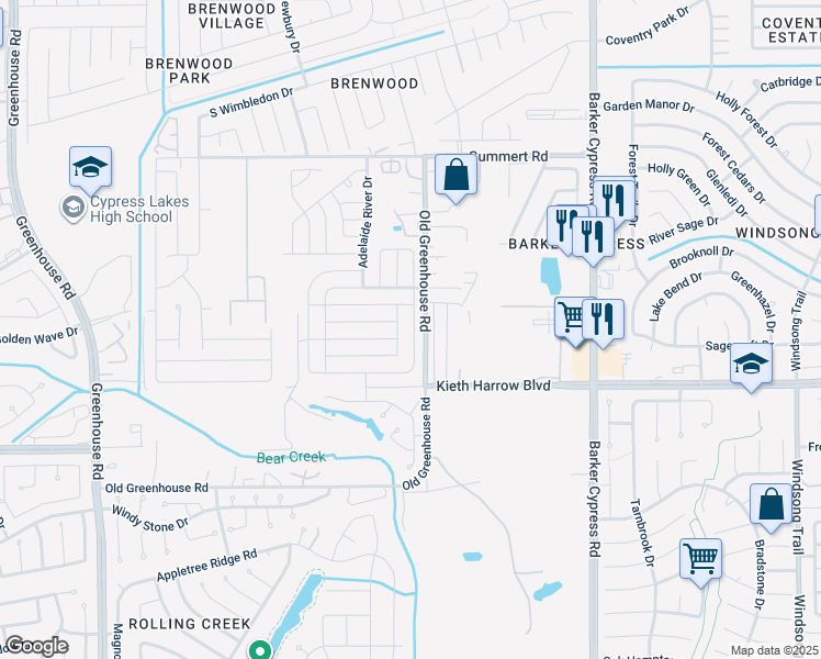 map of restaurants, bars, coffee shops, grocery stores, and more near 18503 Medway River Trail in Katy