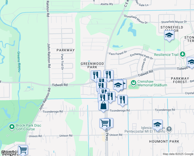 map of restaurants, bars, coffee shops, grocery stores, and more near 12355 Tidwell Road in Houston