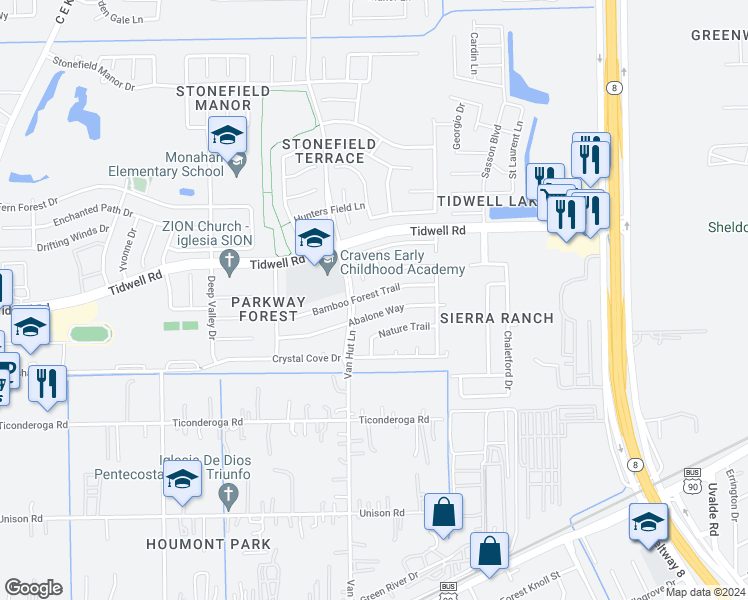 map of restaurants, bars, coffee shops, grocery stores, and more near 13022 Bamboo Forest Trail in Houston