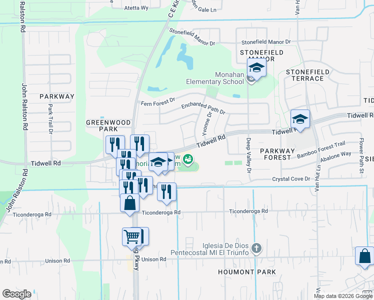 map of restaurants, bars, coffee shops, grocery stores, and more near 12483 Tidwell Road in Houston