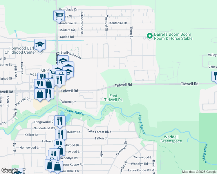 map of restaurants, bars, coffee shops, grocery stores, and more near 9222 Tidwell Road in Houston