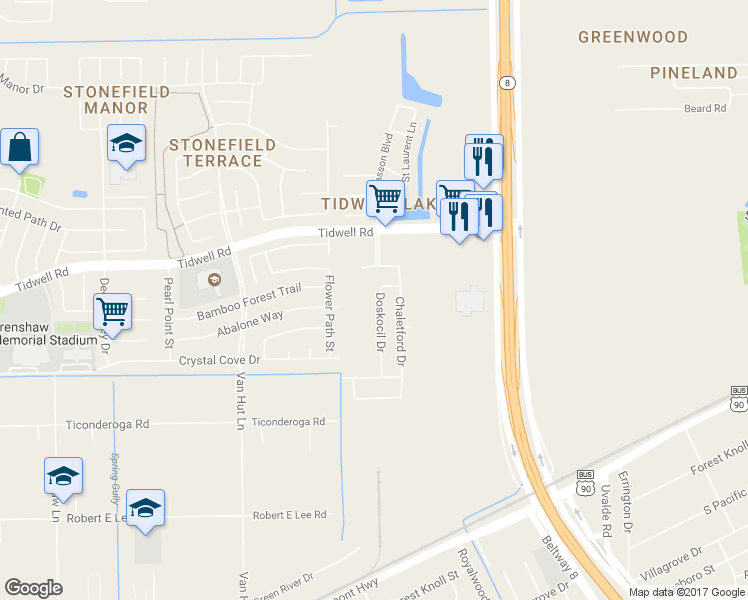 map of restaurants, bars, coffee shops, grocery stores, and more near 8631 Doskocil Drive in Houston