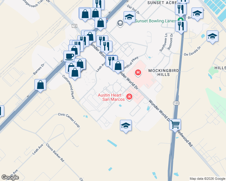 map of restaurants, bars, coffee shops, grocery stores, and more near 1250 Sadler Drive in San Marcos