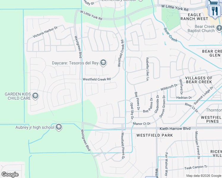 map of restaurants, bars, coffee shops, grocery stores, and more near Lilywood Lane in Katy